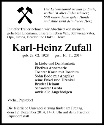 Traueranzeige von Karl-Heinz Zufall von Südthüringer Presse
