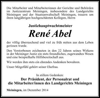 Traueranzeige von Rene Abel von Südthüringer Presse