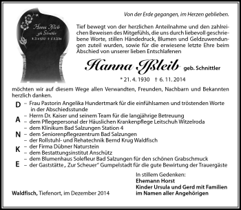 Traueranzeige von Hanna Ißleib von Südthüringer Presse