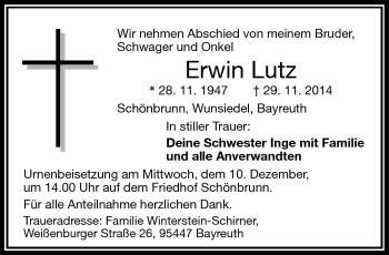 Traueranzeige von Erwin Lutz von Frankenpost