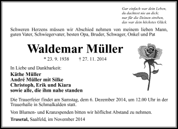 Traueranzeige von Waldemar Müller von Südthüringer Presse