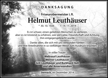 Traueranzeige von Helmut Leuthäuser von Südthüringer Presse