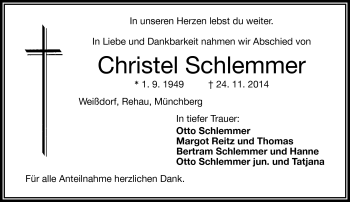 Traueranzeige von Christel Schlemmer von Frankenpost