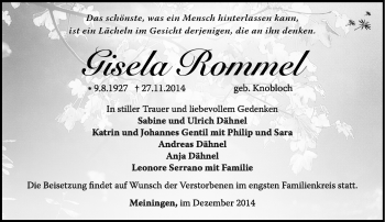 Traueranzeige von Gisela Rommel von Südthüringer Presse
