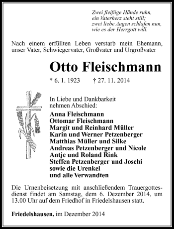 Traueranzeige von Otto Fleischmann von Südthüringer Presse