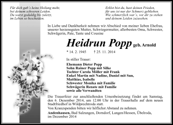 Traueranzeige von Heidrun Popp von Südthüringer Presse