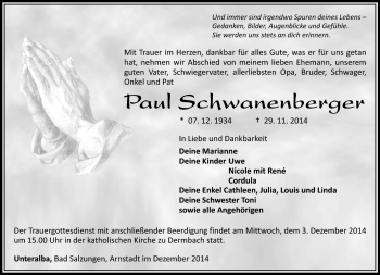 Traueranzeige von Paul Schwanenberger von Südthüringer Presse