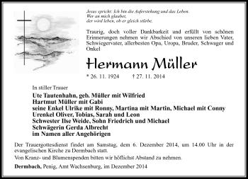 Traueranzeige von Hermann Müller von Südthüringer Presse