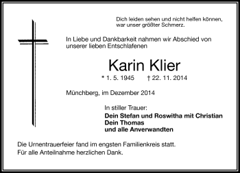 Traueranzeige von Karin Klier von Frankenpost