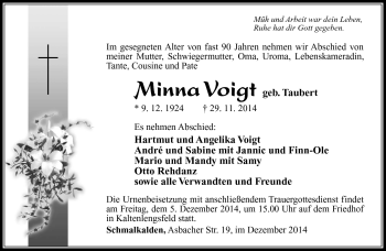 Traueranzeige von Minna Voigt von Südthüringer Presse