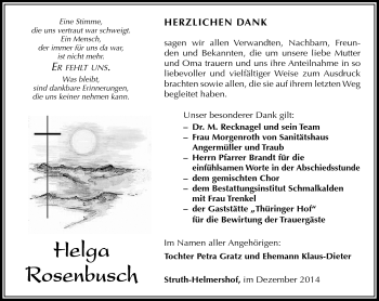 Traueranzeige von Helga Rosenbusch von Südthüringer Presse