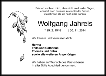 Traueranzeige von Wolfgang Jahreis von Frankenpost