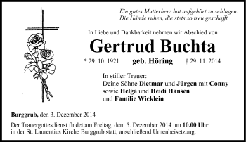 Traueranzeige von Gertrud Buchta von Neue Presse Coburg
