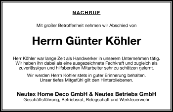 Traueranzeige von Günter Köhler von Frankenpost