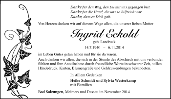 Traueranzeige von Ingrid Eckold von Südthüringer Presse