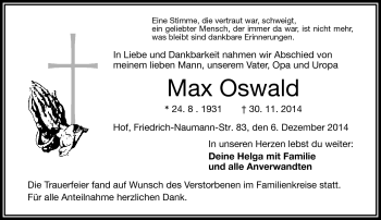 Traueranzeige von Max Oswald von Frankenpost