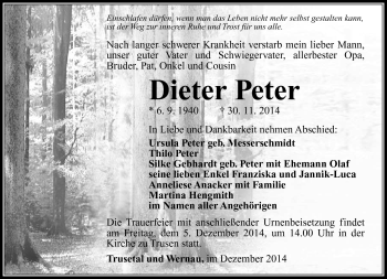 Traueranzeige von Dieter Peter von Südthüringer Presse