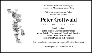 Traueranzeige von Peter Gottwald von Südthüringer Presse