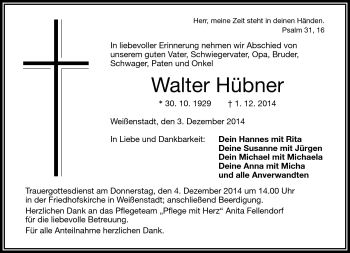 Traueranzeige von Walter Hübner von Frankenpost