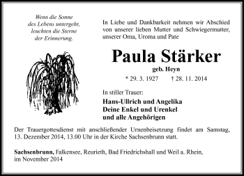 Traueranzeige von Paula Stärker von Südthüringer Presse