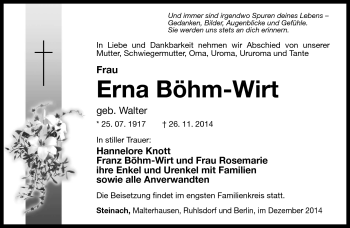 Traueranzeige von ERna Böhm-Wirt von Südthüringer Presse