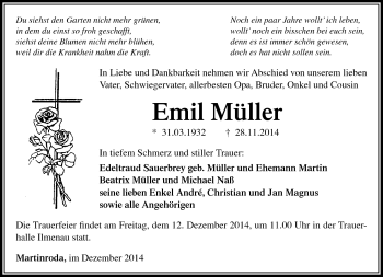 Traueranzeige von Emil Müller von Südthüringer Presse