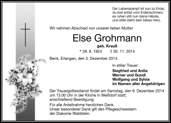 Traueranzeige von Else Grohmann von Frankenpost