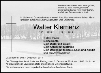Traueranzeige von Walter Klemenz von Neue Presse Coburg