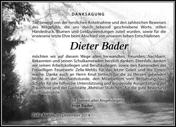 Traueranzeige von Dieter Bader von Südthüringer Presse