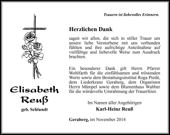 Traueranzeige von Elisabeth Reuß von Südthüringer Presse
