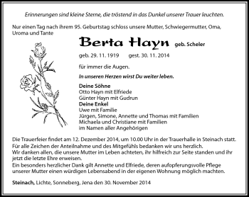 Traueranzeige von Berta Hayn von Südthüringer Presse