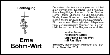 Traueranzeige von ERna Böhm-Wirt von Südthüringer Presse