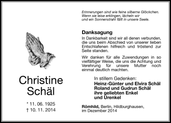 Traueranzeige von Christine Schäl von Südthüringer Presse