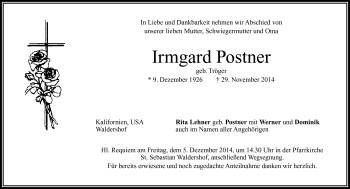 Traueranzeige von Irmgard Postner von Frankenpost