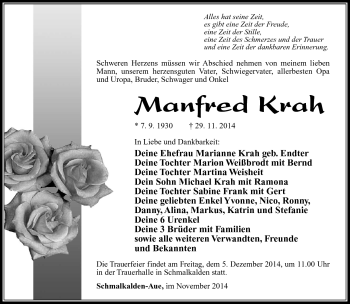 Traueranzeige von Manfred Krah von Südthüringer Presse