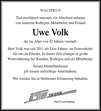 Traueranzeige von Uwe Volk von Südthüringer Presse