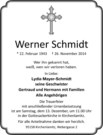 Traueranzeige von Werner Schmidt von Frankenpost