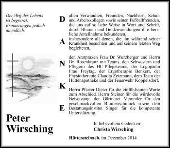 Traueranzeige von Peter Wirsching von Südthüringer Presse