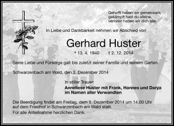 Traueranzeige von Gerhard Huster von Frankenpost