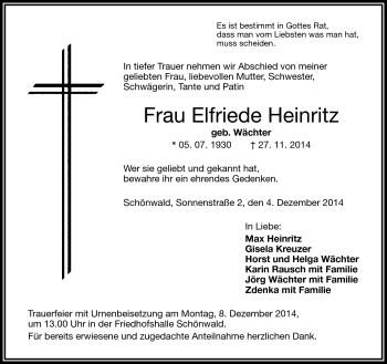 Traueranzeige von Elfriede Heinritz von Frankenpost