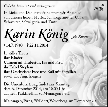 Traueranzeige von Karin König von Südthüringer Presse