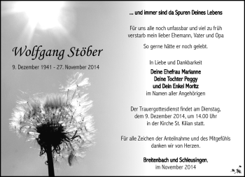 Traueranzeige von Wolfgang Stöber von Südthüringer Presse