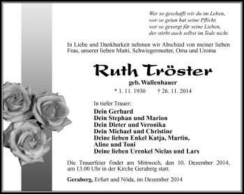 Traueranzeige von Ruth Tröster von Südthüringer Presse