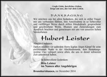 Traueranzeige von HUbert Leister von Südthüringer Presse