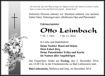 Traueranzeige von Otto Leimbach von Südthüringer Presse
