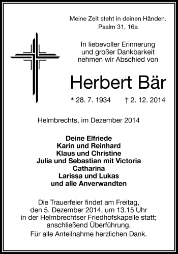 Traueranzeige von Herbert Bär von Frankenpost