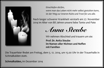 Traueranzeige von Anna Steube von Südthüringer Presse