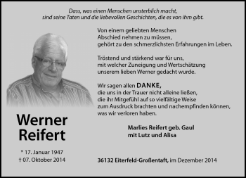 Traueranzeige von Werner Reifert von Südthüringer Presse