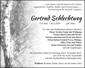 Traueranzeige von Gertrud Schlechtweg von Südthüringer Presse