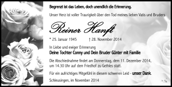 Traueranzeige von Reiner Hanft von Südthüringer Presse